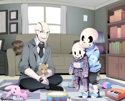  2019 2d 3boys aged_down aqua_sweater aqua_vest artist_name behind_another black_necktie black_pants black_romper black_shorts blue_shoes blue_sweater bookshelf brothers carrying carrying_person checkered_floor child collared_shirt commission couch curtains cushion digital_media family father_and_son floor full_body glasses grey_stripes grey_suit hole_in_hand hollow_eyes hug hug_from_behind humanoid indian_style indoors interlocked_fingers lamp lifting_person male male_focus male_only monster monster_boy multiple_boys necktie own_hands_clasped own_hands_together pants papyrus_(undertale) romper sans_(undertale) shirt shoes shorts siblings single_vertical_stripe sitting skeleton skull_print socks standing striped_clothes striped_shorts striped_sweater stuffed_animal stuffed_rabbit suit sweater teddy_bear teeth toddler toy trio two-tone_shoes two-tone_sweater undead undertale utdr_(toby_fox) vertical-striped_clothes vertical-striped_shorts vest w.d._gaster white_shirt white_shoes white_socks window zwagyzonk 