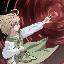  1boy alternate_costume androgynous blue_eyes brown_hair chaos_(xenosaga) commentary_request floating_hair highres male_focus mon_7291 outstretched_arm red_background red_petals solo wide-eyed xenosaga xenosaga_episode_iii 