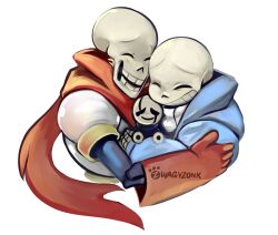  2019 2d 3boys armor artist_name blue_hood blue_jacket brothers cape closed_eyes cropped_torso digital_media gloves group_hug happy height_difference holding holding_mini_person hollow_eyes hood hood_down hooded_jacket hug humanoid jacket male male_focus male_only mini_person miniboy monster monster_boy multiple_boys open_clothes open_jacket papyrus_(undertale) red_cape red_gloves sans_(undertale) siblings simple_background skeleton smile sweater teeth trio turtleneck turtleneck_sweater undead undertale utdr_(toby_fox) w.d._gaster white_armor white_background white_sweater zwagyzonk 