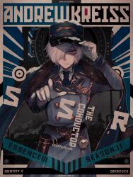  1boy albino andrew_kreiss andrew_kreiss_(train_conductor) belt blue_necktie buttons character_name coat commentary_request cowboy_shot double-breasted english_text expressionless fur-trimmed_jacket fur_trim gloves glowing glowing_eyes gold_trim grey_coat hair_over_one_eye hand_on_headwear hat highres identity_v jacket jacket_on_shoulders jitome kepi long_bangs male_focus military_hat necktie official_alternate_costume pocket_watch pointing pointing_at_viewer poster_(medium) red_eyes shirt snow_on_head tendenbarabara watch white_gloves white_hair white_shirt 