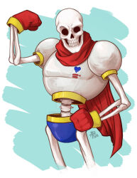  1boy 2016 2d aqua_background armor artist_name blue_shorts cape clenched_hand cropped_legs deviantart_logo deviantart_sample deviantart_username deviantart_watermark digital_media flexing gloves hand_on_own_hip hollow_eyes humanoid image_sample male male_focus monster_boy papyrus_(undertale) red_cape red_gloves shorts signature simple_background skeleton solo standing suchanartist13 two-tone_background undead undertale utdr_(toby_fox) watermark white_armor 