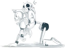  2015 2boys 2d aged_down all_fours armor blush_stickers boots brothers cape child commentary digital_media duo english_commentary from_side full_body gloves height_difference hollow_eyes hood hood_down hooded_jacket humanoid jacket male male_focus male_only monochrome monster monster_boy multiple_boys open_clothes open_jacket pants papyrus_(undertale) pointing pointing_forward sans_(undertale) shirt shorts siblings simple_background skeleton sneakers teeth time_paradox toono undead undertale utdr_(toby_fox) white_background 