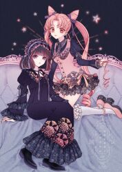  2girls alternate_costume bishoujo_senshi_sailor_moon black_boots black_dress black_hair black_shirt blunt_bangs boots chibi_usa collared_dress commentary_request cone_hair_bun couch double_bun dress drill_hair floral_print floral_print_dress frilled_dress frilled_sleeves frilled_socks frills hair_bun hair_ribbon hairband highres juliet_sleeves kneehighs kneeling lace-trimmed_dress lace-trimmed_shirt lace_trim lolita_hairband long_dress long_hair long_sleeves looking_at_viewer multiple_girls on_couch pink_dress pink_hair pink_shoes platform_heels print_dress puffy_sleeves purple_nails purple_ribbon ribbon sailor_collar shirt shoes short_dress short_hair sitting sleeveless sleeveless_dress smile socks spiked_shoes spikes star_(symbol) tomoe_hotaru twin_drills twintails undershirt violet_eyes white_socks wide_sleeves yuuinami 