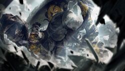  1other bandage_over_one_eye blonde_hair curled_horns don_quixote_(project_moon) fur-trimmed_robe fur_trim game_cg hand_wraps hat heishou_pack-wei_branch_(identity)_(project_moon) highres horns limbus_company nai_ga official_art project_moon rice_hat robe scarf sheep_horns short_hair tonfa weapon yellow_eyes 