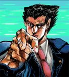  ace_attorney araki_hirohiko_(style) gyakuten_saiban jojo&#039;s_bizarre_adventure jojo_no_kimyou_na_bouken lowres male manly naruhodou_ryuuichi parody pointing shio_(kuroame) solo style_parody 