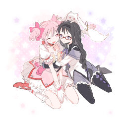  2girls absurdres akemi_homura akemi_homura_(magical_girl) argyle_clothes argyle_pantyhose black_hair black_hairband black_pantyhose bow braid collarbone commentary couple creature_on_head dress frilled_dress frills full_body glasses gloves hair_bow hairband highres hug kaname_madoka kaname_madoka_(magical_girl) kyubey long_hair looking_at_another magical_girl mahou_shoujo_madoka_magica mahou_shoujo_madoka_magica_(anime) multiple_girls one_eye_closed own_hands_together pantyhose pink_hair pipi_o_(pipioo08) puffy_short_sleeves puffy_sleeves red-framed_eyewear red_shoes shoes short_sleeves short_twintails sitting twin_braids twintails violet_eyes white_gloves yuri 