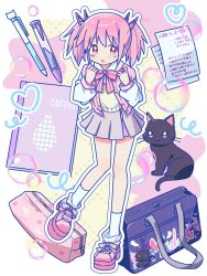  1girl absurdres alternate_costume animal bag bag_charm black_cat bow bowtie cat charm_(object) commentary full_body highres kaname_madoka looking_at_viewer mahou_shoujo_madoka_magica mahou_shoujo_madoka_magica_(anime) miniskirt paper pen pink_eyes pink_hair pink_shoes pink_vest ruru_(rurumagi) shoes short_twintails shoulder_bag sketchbook skirt socks solo striped_bow striped_bowtie striped_clothes twintails vest white_socks 