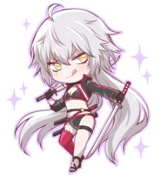  1girl ahoge bikini black_bikini chibi commentary_request cropped_jacket dual_wielding fate/grand_order fate_(series) full_body holding holding_sword holding_weapon jeanne_d'arc_alter_(fate) jeanne_d'arc_alter_(swimsuit_berserker)_(fate) katana long_hair red_thighhighs sheath single_thighhigh solo sparkle sparkling_aura swimsuit sword thigh-highs thigh_strap tofu_(bean359) tongue tongue_out v-shaped_eyebrows very_long_hair weapon white_hair yellow_eyes 