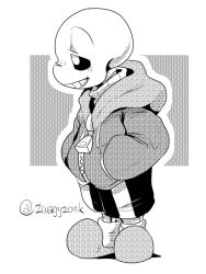  1boy 2019 2d artist_name digital_media full_body hands_in_pockets hood hood_down hooded_jacket jacket male male_focus male_only monochrome outside_border sans_(undertale) screentones simple_background slippers socks solo standing striped_shorts sweater undertale utdr_(toby_fox) vertical-striped_clothes vertical-striped_shorts white_background zipper zwagyzonk 