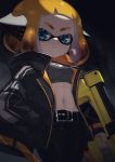  1girl bangs belt black_background black_belt black_jacket black_pants black_sports_bra blue_eyes blunt_bangs closed_mouth commentary domino_mask frown hand_in_pocket headgear hero_shot_(splatoon_2) highres holding holding_weapon inkling jacket long_sleeves looking_at_viewer mask navel nomu open_clothes open_jacket orange_hair pants short_hair solo splatoon_(series) splatoon_2 squidbeak_splatoon standing tentacle_hair weapon 