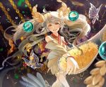 1girl bug butterfly chinese_clothes detached_sleeves dress food_fantasy highres insect long_hair multicolored_hair rice_(food_fantasy) rice_hair_ornament smile solo spoon twintails weapon white_hair yellow_eyes 