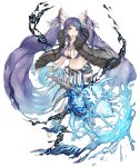  1girl anklet aqua_eyes bandages barefoot blood bloody_bandages bracelet breasts cloak earrings fins full_body fur_trim jewelry ji_no large_breasts long_hair looking_at_viewer midriff navel ningyo_hime_(sinoalice) official_art purple_hair revealing_clothes sinoalice solo tooth_necklace transparent_background very_long_hair water 