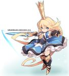  1girl armored_boots bangs black_footwear black_legwear blonde_hair blue_dress blue_eyes blush boots breastplate charlotta_fenia chibi closed_mouth commentary_request crown dress eyebrows_visible_through_hair full_body gauntlets gradient gradient_background granblue_fantasy granblue_fantasy_versus green_background hair_between_eyes highres holding holding_sword holding_weapon karukan_(monjya) long_hair looking_at_viewer mini_crown outstretched_arms puffy_short_sleeves puffy_sleeves short_sleeves solo spread_arms standing sword thigh-highs thigh_boots v-shaped_eyebrows very_long_hair weapon white_background 