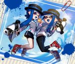  2girls :d ;d bangs bike_shorts black_headwear black_legwear black_shorts black_skirt blue_hair blue_ribbon blue_sky blue_tongue blunt_bangs blunt_ends boater_hat brown_eyes clouds cloudy_sky commentary cross-laced_footwear day domino_mask fang hat hat_ribbon highres holding holding_weapon inkling jumping leggings legs_up long_hair long_sleeves looking_at_viewer mask miniskirt multiple_girls nou one_eye_closed open_mouth paint_splatter photo_(object) pointy_ears red_footwear ribbon rubber_duck shirt shoes shorts shorts_under_skirt single_vertical_stripe skin_fang skirt sky smile sneakers splatoon_(series) splatoon_2 splattershot_(splatoon) striped striped_shirt tentacle_hair twintails violet_eyes weapon white_shirt 