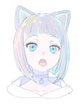  1girl animal_ears bangs blunt_bangs cat_ears choker copyright_request highres looking_at_viewer multicolored_hair nagisa_kurousagi open_mouth portrait purple_choker short_hair simple_background solo streaked_hair white_background 