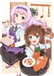  100ton250 2girls apron blue_eyes brown_hair commentary_request cookie food headband highres hololive kitchen lavender_hair long_hair looking_at_viewer multiple_girls murasaki_shion natsuiro_matsuri open_mouth plate virtual_youtuber yellow_eyes 