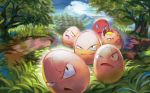  black_eyes blue_sky clouds cloudy_sky creature day exeggcute forest frown full_body gen_1_pokemon grass kawaguchi_youhei looking_at_viewer nature no_humans official_art outdoors pokemon pokemon_(creature) pokemon_trading_card_game sky smirk third-party_source tree 