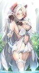  1girl absurdres ahoge azur_lane bangs bare_shoulders blush breasts bridal_gauntlets bridal_veil bride bush collarbone commentary_request cowboy_shot day dress eyebrows_visible_through_hair hair_ornament headgear highres iron_cross large_breasts long_hair looking_at_viewer mole mole_on_breast multicolored_hair panties pantyshot pantyshot_(standing) parted_lips partially_submerged pleated_skirt prinz_eugen_(azur_lane) see-through short_dress showgirl_skirt sidelocks silver_hair sitting skirt skirt_lift smile solo standing streaked_hair thigh-highs two_side_up underwear veil very_long_hair wedding_dress wet wet_clothes white_legwear white_panties white_skirt yusha_(m-gata) 