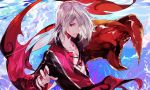  1boy antennae boston_lobster_(food_fantasy) food_fantasy highres lobster_claw open_clothes open_shirt outstretched_hand red_eyes short_hair smile solo upper_body white_hair 