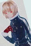  1boy akatsuki_blitzkampf blonde_hair coat en-eins en-eins_kanzen_sekai fur_trim gloves ishitsuki_merokoa long_coat looking_at_viewer male_focus medium_hair red_eyes short_hair snow solo uniform winter_clothes winter_coat 