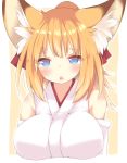  1girl :o animal_ear_fluff animal_ears bangs bare_shoulders beige_background blue_eyes blush breasts commentary_request cropped_torso daidai_ookami detached_sleeves eyebrows_visible_through_hair fox_ears hair_ribbon high_ponytail highres japanese_clothes kimono large_breasts long_hair looking_at_viewer orange_hair original parted_lips ponytail red_ribbon ribbon sleeveless sleeveless_kimono solo two-tone_background upper_body white_background white_kimono white_sleeves 