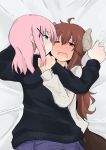  2girls ahoge bed blush brown_eyes brown_hair chiyoda_momo demon_girl demon_horns eyebrows_visible_through_hair hair_ornament hairclip horns long_hair long_sleeves machikado_mazoku multiple_girls pink_hair sheet_grab shiny shiny_hair short_hair watage_(lucky_yyg) yoshida_yuuko_(machikado_mazoku) yuri 