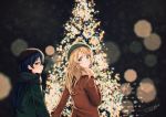  2girls ayase_eli blonde_hair blue_eyes blue_hair christmas_tree coat commentary_request hair_down hat long_hair looking_at_viewer looking_back love_live! love_live!_school_idol_project multiple_girls scarf sonoda_umi suito yellow_eyes 
