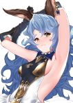  1girl animal_ears armpits arms_behind_head arms_up backless_dress backless_outfit bangs bare_shoulders black_gloves blue_hair blush breasts dress elbow_gloves erune ferry_(granblue_fantasy) gloves granblue_fantasy highres jewelry long_hair looking_at_viewer rabbit_ears saru_(pixiv13751598) sideboob simple_background single_earring small_breasts solo wavy_hair white_background yellow_eyes 