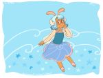  1girl animal_ears blue_dress blue_hair brown_fur bunny_girl cucumber_quest doodle dress feral_phoenix fish_earrings glasses jewelry nautilus_shell necklace ocean_waves pearl_necklace pink_sandals pink_sleeves pointy_ears princess_nautilus rabbit rabbit_ears star 