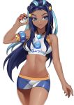  1girl absurdres aqua_hair armband armlet blue_eyes blue_hair breasts closed_mouth collarbone commentary cowboy_shot dark_skin earrings forehead highres holding holding_poke_ball jewelry long_hair looking_to_the_side medium_breasts midriff multicolored_hair navel poke_ball pokemon pokemon_(game) pokemon_swsh rurina_(pokemon) short_shorts shorts simple_background skindentation sleeveless solo standing streaked_hair thighs toned white_background woshikun01 