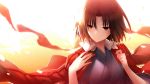  1girl absurdres blue_kimono brown_eyes brown_hair closed_mouth hair_intakes highres jacket japanese_clothes kara_no_kyoukai kimono okakasushi open_clothes open_jacket red_jacket ryougi_shiki short_hair smile solo upper_body 