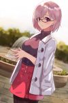  1girl blush breasts buttons fate/grand_order fate_(series) glasses hair_over_one_eye highres jacket jacket_on_shoulders lavender_hair looking_at_viewer mash_kyrielight pantyhose seon_(seonon_) short_hair skirt smile solo violet_eyes white_jacket 