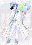  1boy anniversary ball balloon belt bicorne blue_eyes blue_hair bow bowtie commentary floral_background flower flower_brooch full_body hat hat_flower highres holding holding_ball kaito looking_to_the_side male_focus open_clothes open_shirt pants pink_bow rose shirt shoes smile sneakers standing vocaloid white_coat white_flower white_headwear white_pants white_shirt window yoshiki 