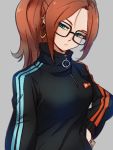  1girl alternate_costume alternate_hairstyle android_21 black-framed_eyewear black_jacket blue_eyes closed_mouth dragon_ball dragon_ball_fighterz earrings glasses grey_background hand_on_hip hoop_earrings jacket jewelry kemachiku long_hair long_sleeves ponytail red_ribbon_army redhead simple_background solo 