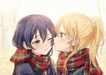  2girls ayase_eli blonde_hair blue_eyes blue_hair blush cheek_kiss commentary_request kiss long_hair looking_at_another love_live! love_live!_school_idol_project multiple_girls one_eye_closed otonokizaka_school_uniform ponytail scarf school_uniform scrunchie simple_background sonoda_umi suito white_scrunchie yellow_eyes 