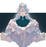 1girl absurdres amulet bare_shoulders blue_dress cape closed_eyes collarbone commentary curtsey detached_sleeves dress facing_viewer feet_out_of_frame framed_breasts hair_ornament hatsune_miku highres light_smile long_hair open_mouth princess skirt skirt_hold solo standing strapless strapless_dress striped_sleeves thigh-highs tiara twintails very_long_hair vocaloid white_legwear white_skirt white_sleeves yaoku yuki_miku yuki_miku_(2019)