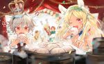  2girls 4boys anger_vein animal_ears blonde_hair carrying casatta_(food_fantasy) detached_sleeves dress dumpling eating eggnog_(food_fantasy) food food_fantasy grey_hair hat highres long_hair mouse_ears multiple_boys multiple_girls official_art pizza_(food_fantasy) red_eyes redhead rice_(food_fantasy) rice_hair_ornament scar short_hair smile tiara turkey_(food_fantasy) white_hair 