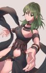  1girl armlet black_dress bracelet breasts byleth_(fire_emblem) byleth_eisner_(female) dancer dress fire_emblem fire_emblem:_three_houses green_eyes green_hair grey_background highres jewelry panda_inu parted_lips sideboob simple_background solo 