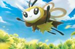  blue_sky closed_mouth clouds cloudy_sky creature flower flying full_body gen_7_pokemon happy hasuno_(poketcg) no_humans official_art open_arms outdoors pokemon pokemon_(creature) pokemon_trading_card_game ribombee sky smile solo third-party_source 