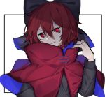  1girl black_shirt bow bright_pupils cape eyebrows_visible_through_hair eyes hair_between_eyes hair_bow hand_up high_collar highres hisha_(kan_moko) long_sleeves looking_to_the_side parted_lips red_cape red_eyes redhead sekibanki shade shirt short_hair simple_background solo touhou upper_body white_pupils 