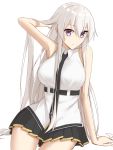  1girl azur_lane bangs bare_shoulders black_neckwear breasts commentary_request elfenlied22 enterprise_(azur_lane) eyebrows_visible_through_hair hat highres large_breasts long_hair looking_at_viewer necktie shirt silver_hair simple_background skirt sleeveless sleeveless_shirt solo very_long_hair violet_eyes white_background 