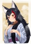  1girl absurdres animal_ear_fluff animal_ears bathrobe hair_brush hair_brushing highres hololive long_hair long_sleeves multicolored_hair ookami_mio redhead smile steam streaked_hair wide_sleeves wolf_ears yamabuki7979 