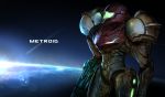  arm_cannon copyright_name covered_face dennou_manjuu english_commentary lens_flare metroid planet power_suit samus_aran science_fiction solo space space_craft standing varia_suit weapon 