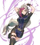  1girl arms_behind_head belt bessho_emma black_gloves black_legwear bodysuit breasts fingerless_gloves full-length_zipper gloves grey_hair large_breasts long_hair looking_at_viewer loose_belt low-tied_long_hair multicolored_hair one_eye_closed pink_lips purple_hair short_sleeves solo teryusake thigh-highs thigh_pouch thigh_strap two-tone_hair very_long_hair violet_eyes wince yuu-gi-ou yuu-gi-ou_vrains zipper zipper_pull_tab 