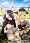  2girls antelope_ears antelope_horns bare_shoulders black_cape black_gloves black_hair black_headwear black_shirt blackbuck_(kemono_friends) blonde_hair blue_eyes bow bowtie calenda_(kemono_friends_3) camouflage camouflage_pants cape clothes_around_waist commentary_request detached_sleeves eyebrows_visible_through_hair fingerless_gloves frilled_shorts frills gloves hair_over_one_eye hair_tie hat hat_feather kemono_friends kemono_friends_3 koruse long_hair multicolored_hair multiple_girls official_art pants reading red_eyes shirt short_hair shorts sitting sleeveless sweater_around_waist tank_top thigh_pouch translated white_gloves white_hair white_neckwear white_shirt white_shorts 
