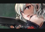  1girl artist_request earpiece english_text girls_frontline grey_hair gun jurassic_park looking_at_another parody red_eyes shotgun solo spas-12 spas-12_(girls_frontline) subtitled surprised weapon 