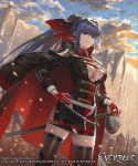  1girl bangs battlefield black_dress blue_hair blue_sky breasts cape cleavage_cutout closed_mouth clouds commentary_request cuboon dress evertale gloves green_eyes hair_between_eyes hair_intakes hand_on_hip high_ponytail holding holding_sword holding_weapon jacket_on_shoulders knight large_breasts long_hair looking_at_viewer looking_to_the_side military military_uniform miniskirt official_art red_gloves red_ribbon ribbon sheath sheathed side_slit skirt sky standing sword thigh-highs thighs uniform very_long_hair wall weapon 