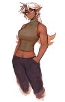  1girl absurdres blonde_hair breasts commentary crop_top dark_elf dark_skin elf english_commentary halter_top halterneck hands_in_pockets highres matilda_fiship medium_breasts olivia_(fiship) original pants pointy_ears sleeveless solo thick_eyebrows toned yellow_eyes 