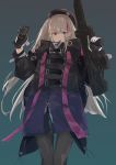  1girl cellphone commentary_request flip_phone girls_frontline gloves gun heterochromia highres holding holding_weapon long_hair looking_at_viewer mdr_(girls_frontline) multicolored_hair open_mouth phone platinum_blonde_hair solo streaked_hair weapon white_gloves 