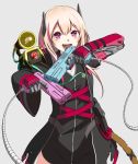  1girl absurdres artist_request bangs black_coat black_jumpsuit coat dinergate_(girls_frontline) girls_frontline grey_background headgear highres hood hood_down hooded_coat jumpsuit light_gun long_hair m4_sopmod_ii_(girls_frontline) mechanical_arm mod3_(girls_frontline) multicolored_hair open_clothes open_coat open_mouth pink_hair prosthesis prosthetic_arm red_eyes redhead ro635_(dinergate) simple_background smile solo streaked_hair two-tone_hair zipper 